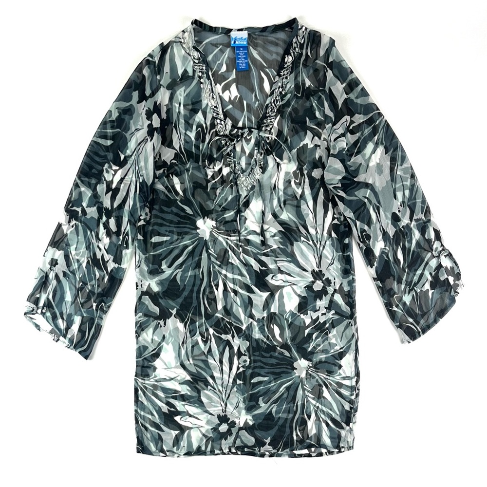 Soaked Sheer Floral Print Beaded Long Sleeve Coverup Dress